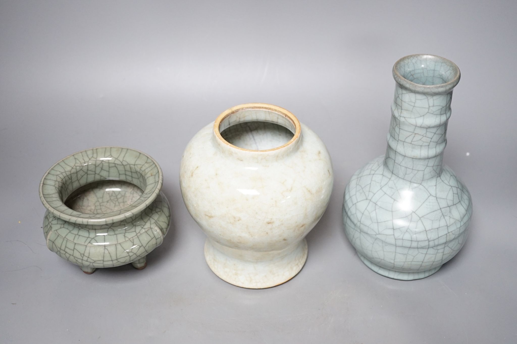 Three Chinese crackle glaze vases or vessels, 19th century and later, tallest 22cm